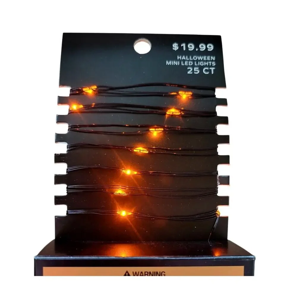 Orange Fairy Halloween 25 Mini LED String Lights Black Wire Battery Operated NEW